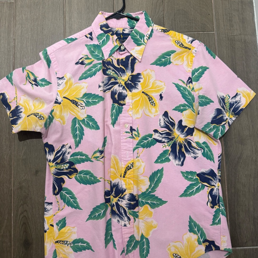 Ralph Lauren Men's Button Up Short Sleeve Floral Pink Shirt